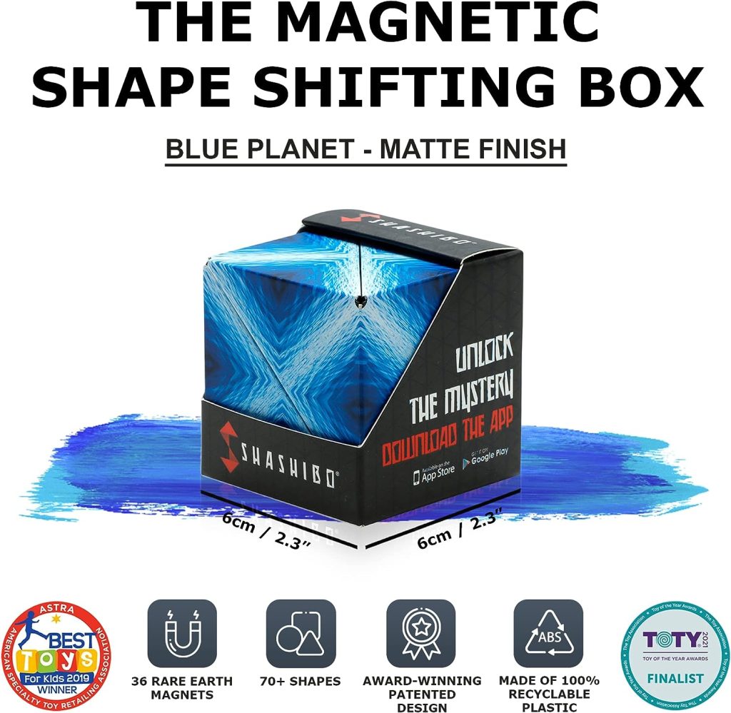 SHASHIBO Shape Shifting Box - Award-Winning, Patented Fidget Cube w/ 36 Rare Earth Magnets - Transforms Into Over 70 Shapes, Download Fun in Motion Toys Mobile App (Original Series - Blue Planet)